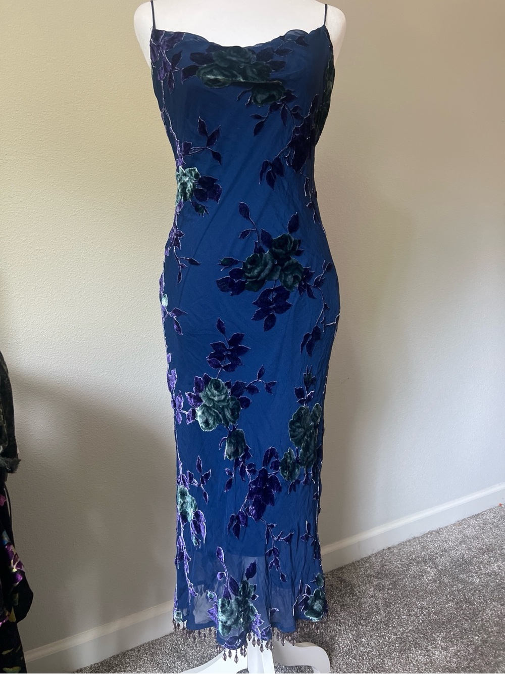 SOLD!! Do not buy it Betsey Johnson Navy Blue Floral Velvet-Appliqué Maxi Dress